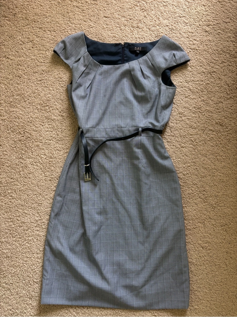 Alex Marie Gray Plaid Midi Sheath Dress with Black Belt